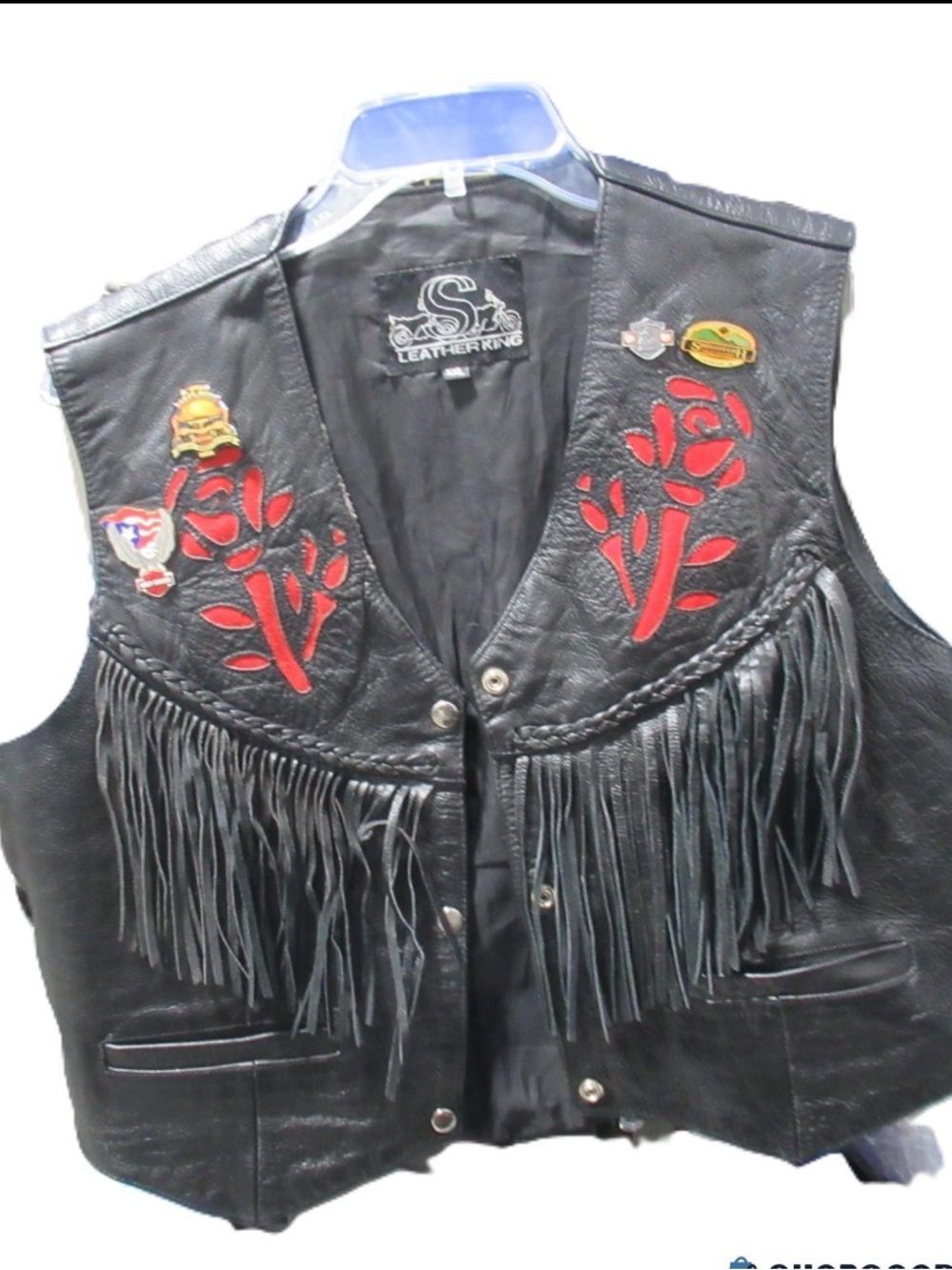 Leather Vest w/Suede Rose Inlay Concho Lace Sides Whipstitching w/4 HD Pins XXL